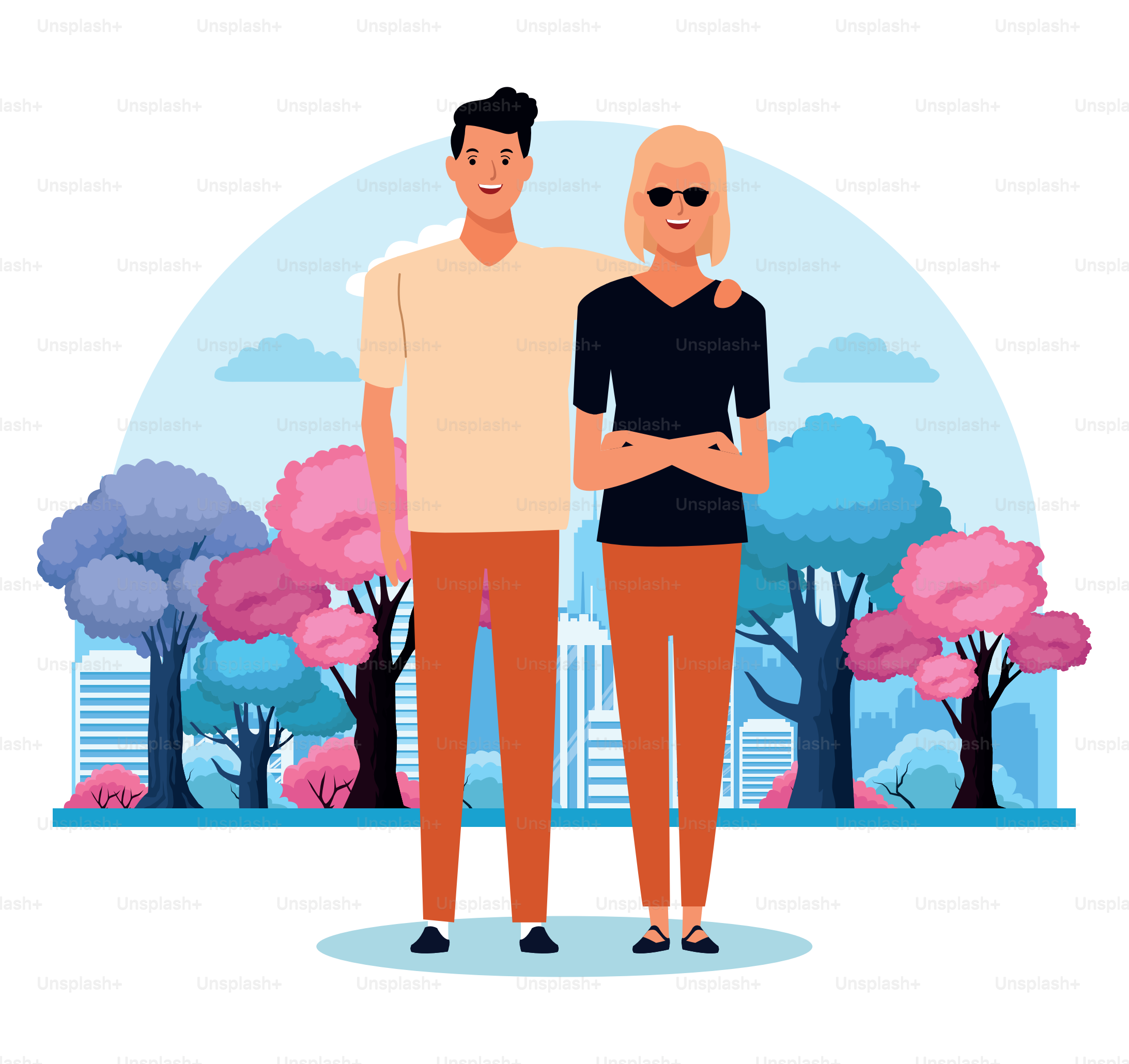 Casal de desenhos animados em pé sobre árvores coloridas e pano de fundo urbano urbano. Ilustração vetorial