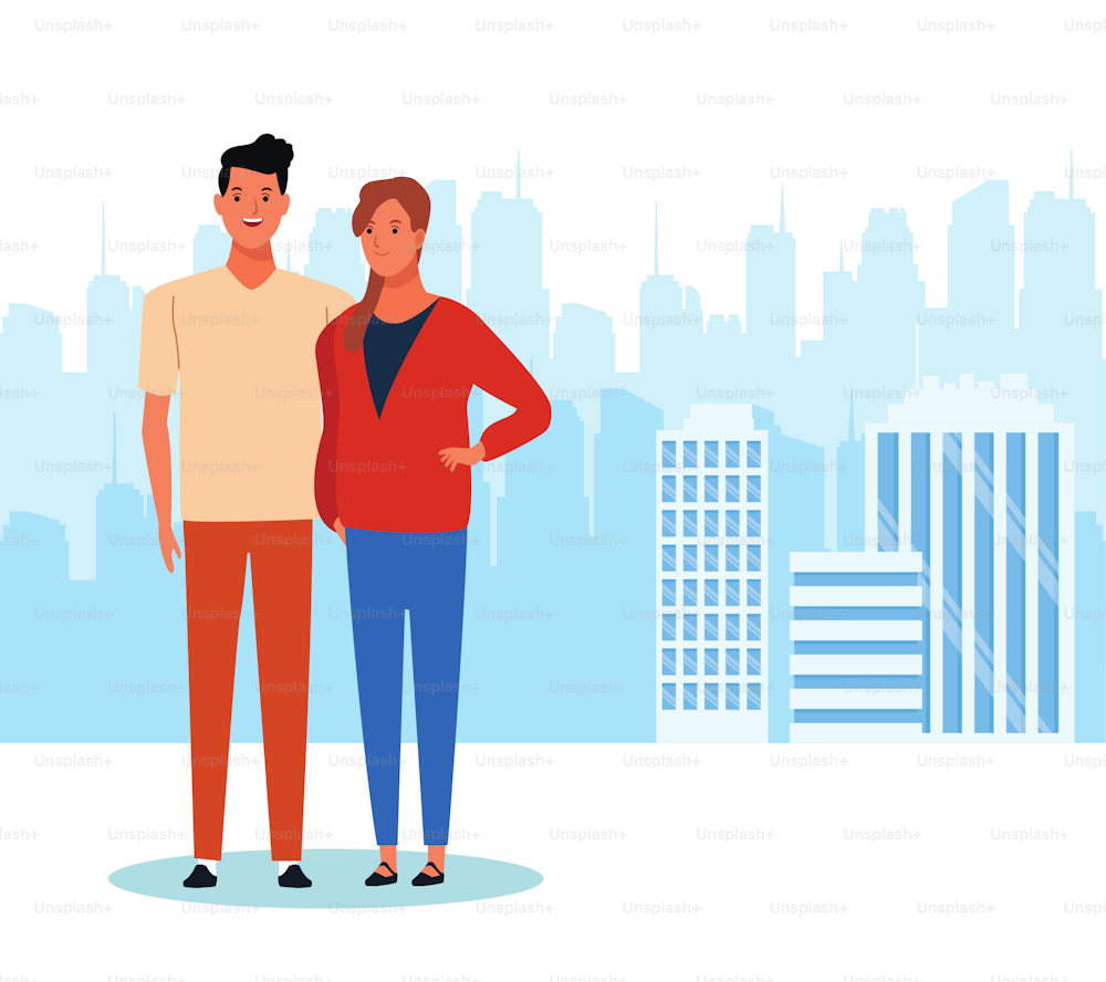 Hombre y mujer de dibujos animados de pie sobre el fondo del paisaje urbano de la ciudad, diseño colorido. Ilustración vectorial