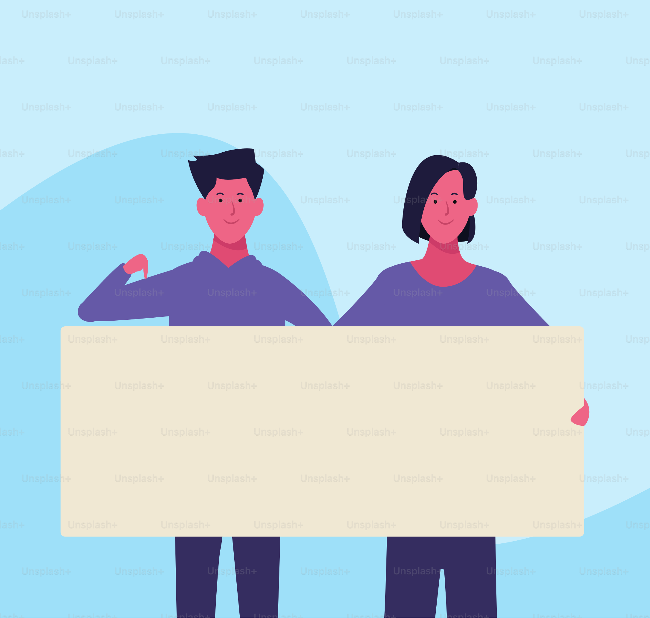 Cartoon-Frau und -Mann halten ein leeres Plakat auf blauem Hintergrund, buntes Design. Vektorillustration