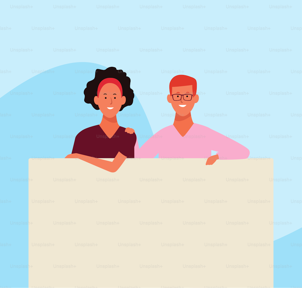 Cartoon-Frau und Mann mit leeren Plakaten auf blauem Hintergrund, buntes Design. Vektor-Illustration