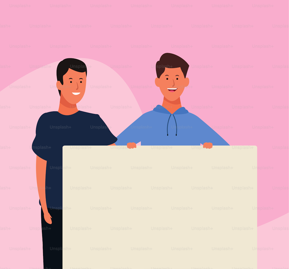 cartoon men protesting with blank posters over pink background, colorful design. vector illustration