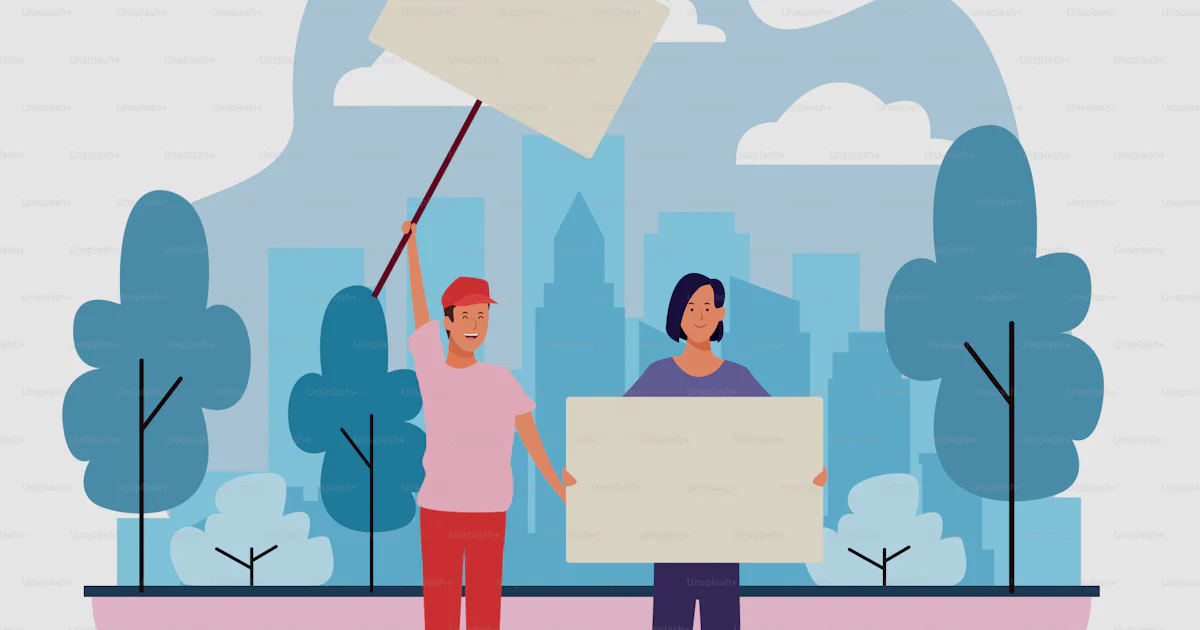 Protesting Environment Cartoon Cartoon man and woman protesting with blank posters in the park over ...
