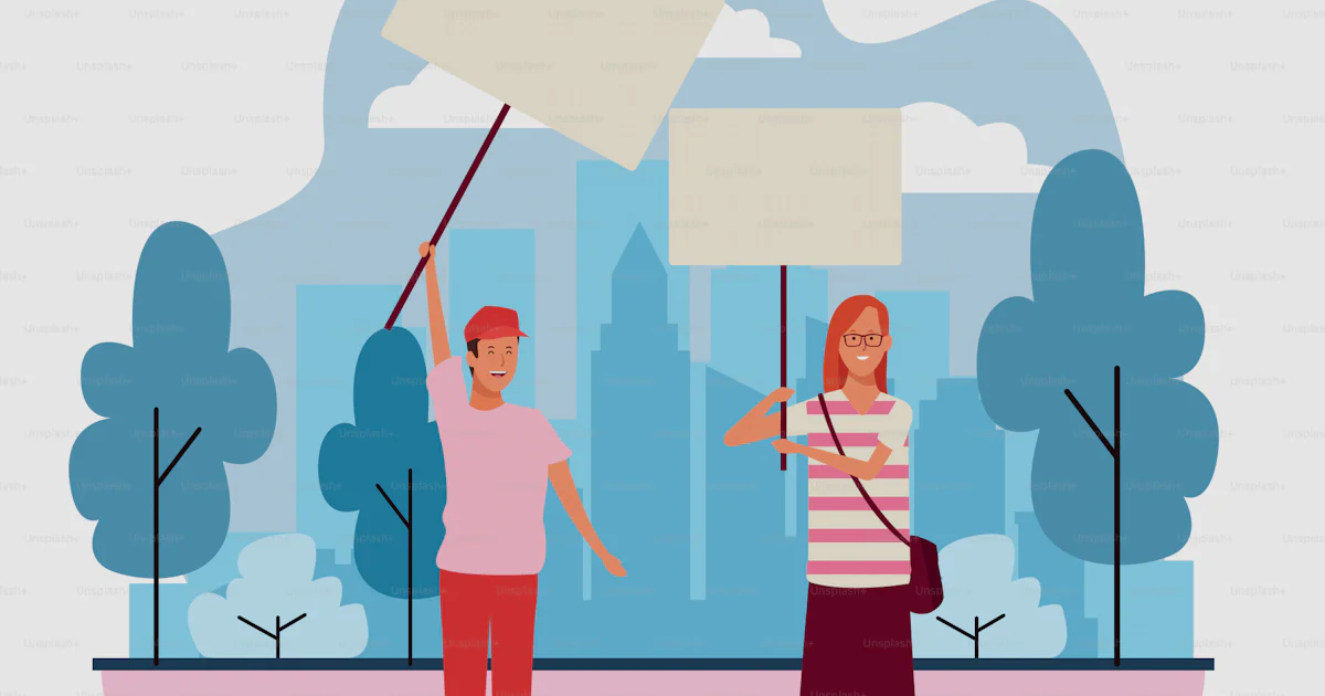 Cartoon Protesting Cartoon man and woman protesting with blank posters in the park over ...