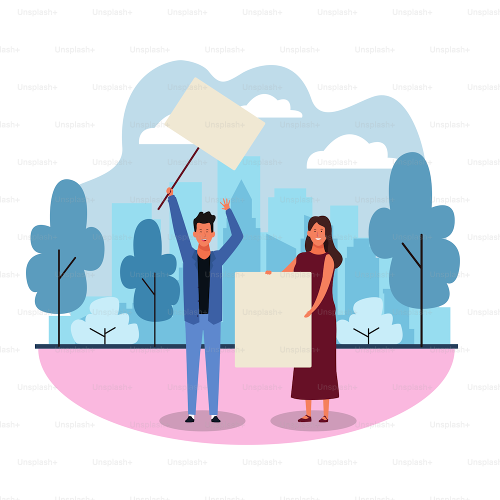 cartoon man and woman protesting with blank posters in the park over white background, colorful design. vector illustration
