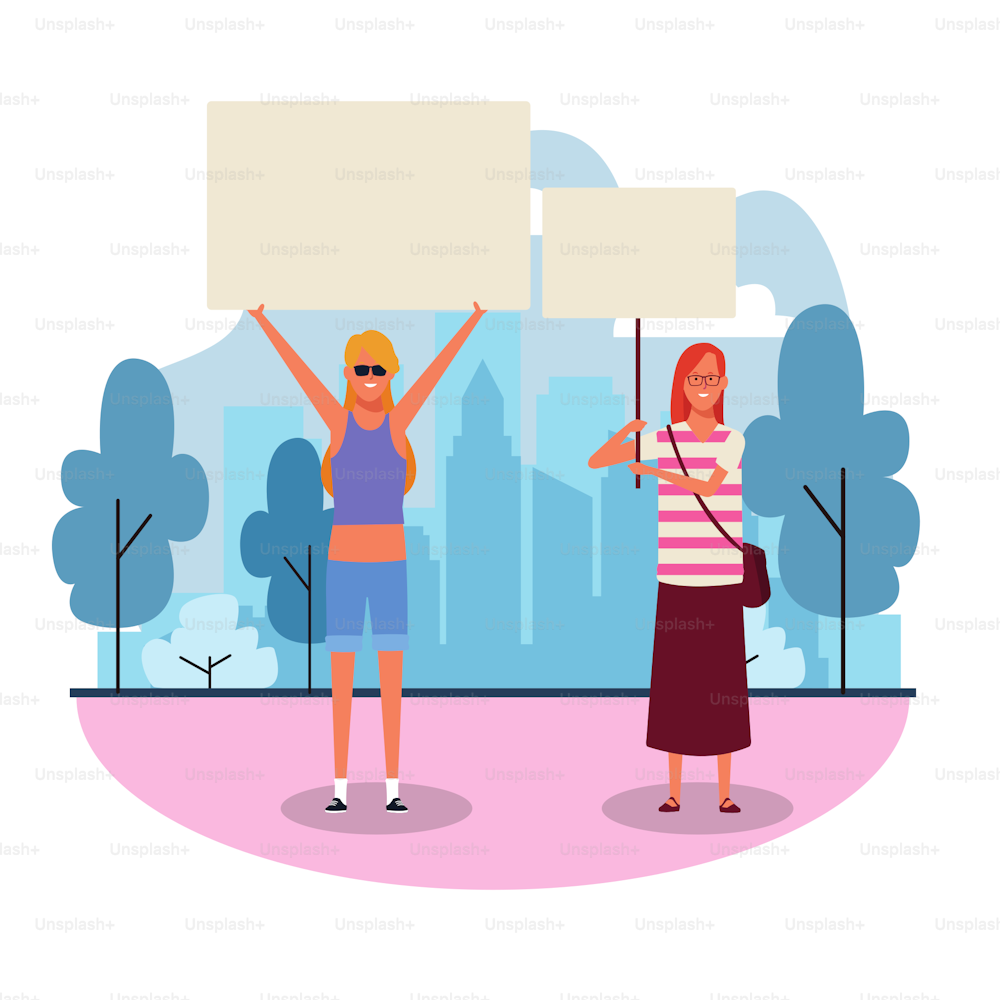 cartoon women protesting with blank posters in the park over white background, colorful design. vector illustration