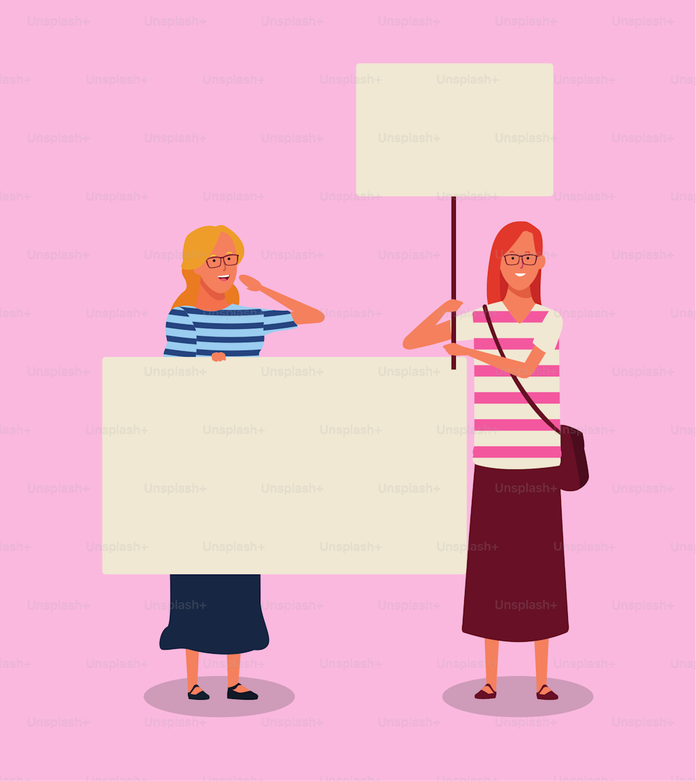 cartoon girls protesting with blank posters over pink background, colorful design. vector illustration