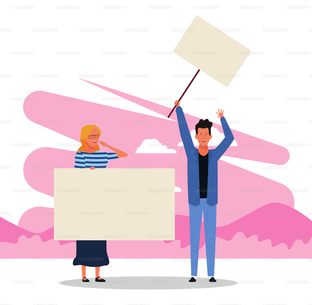 cartoon woman and man with blank placards over pink and white background, colorful design. vector illustration