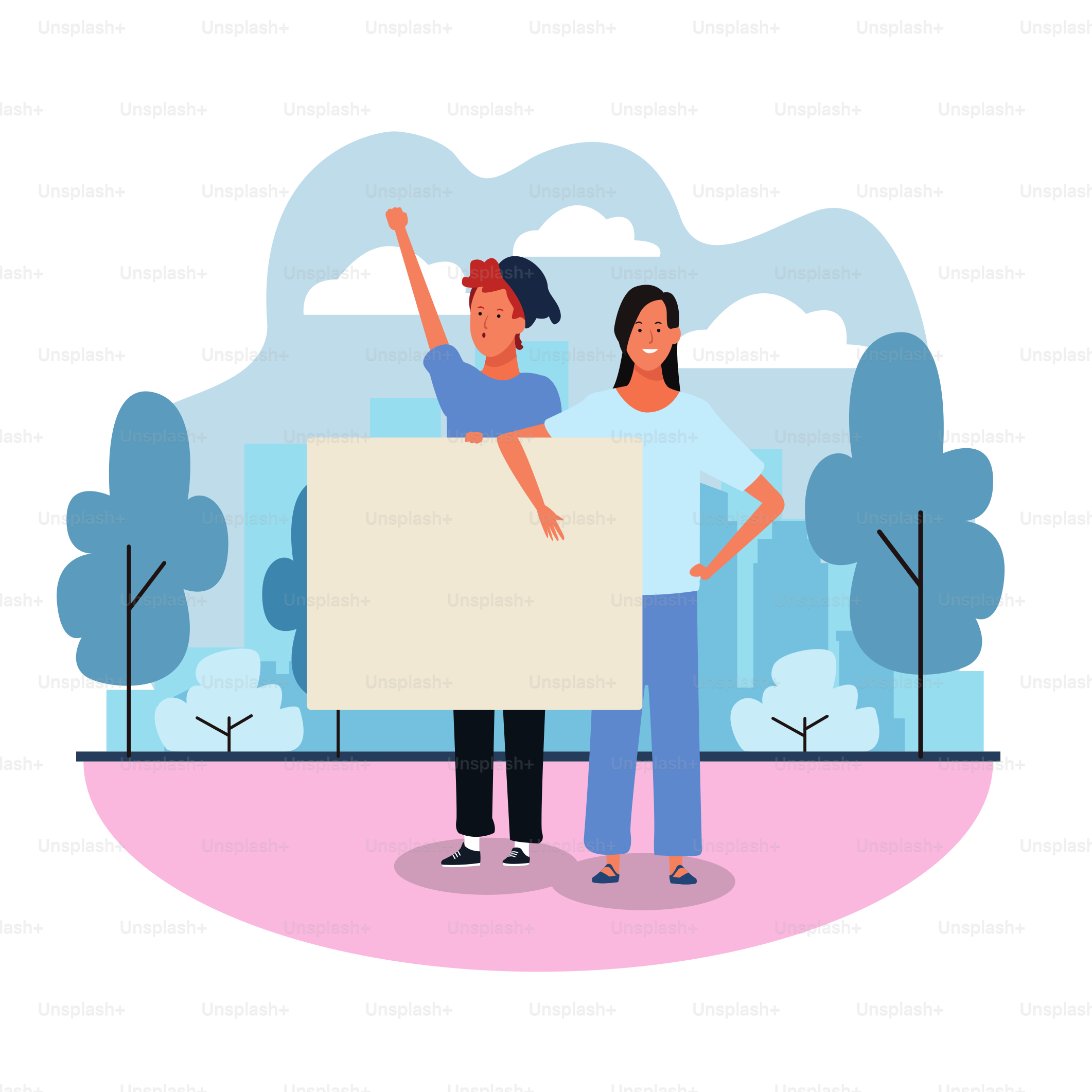cartoon man and woman protesting with blank posters in the park over white background, colorful design. vector illustration
