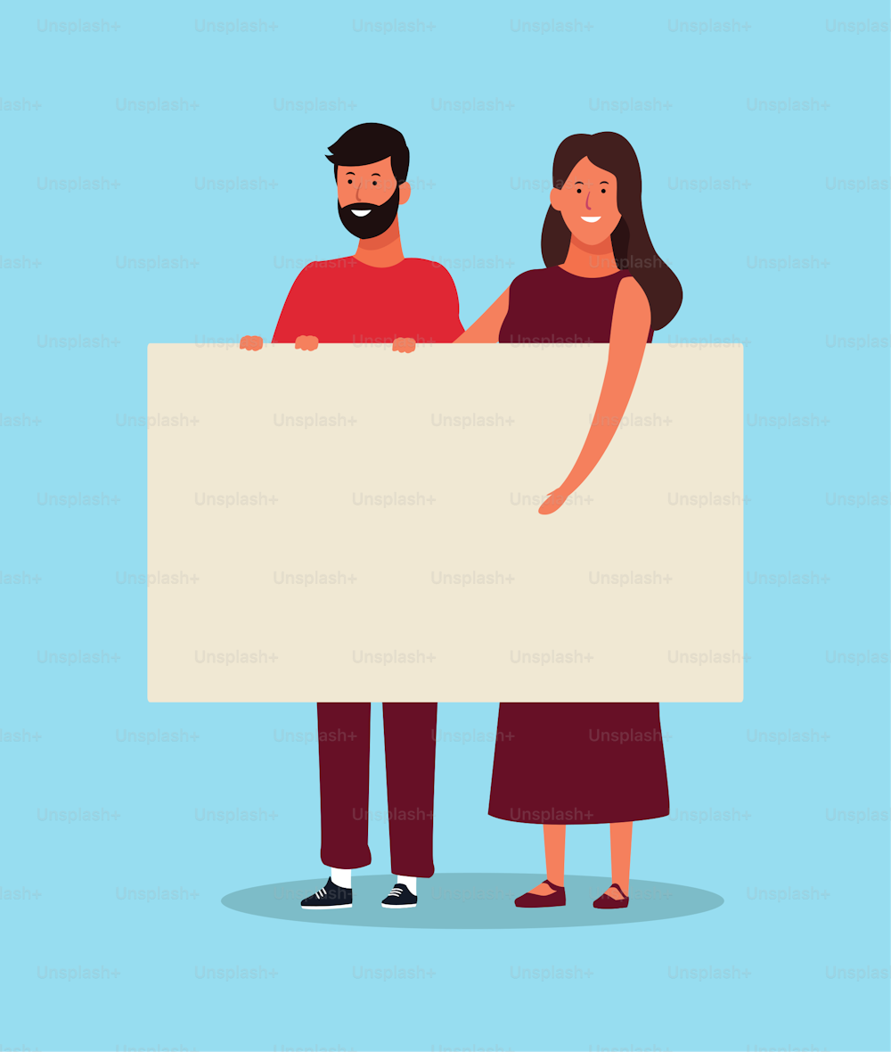 Cartoon-Frau und -Mann, die ein leeres Plakat auf blauem Hintergrund halten, buntes Design. Vektor-Illustration