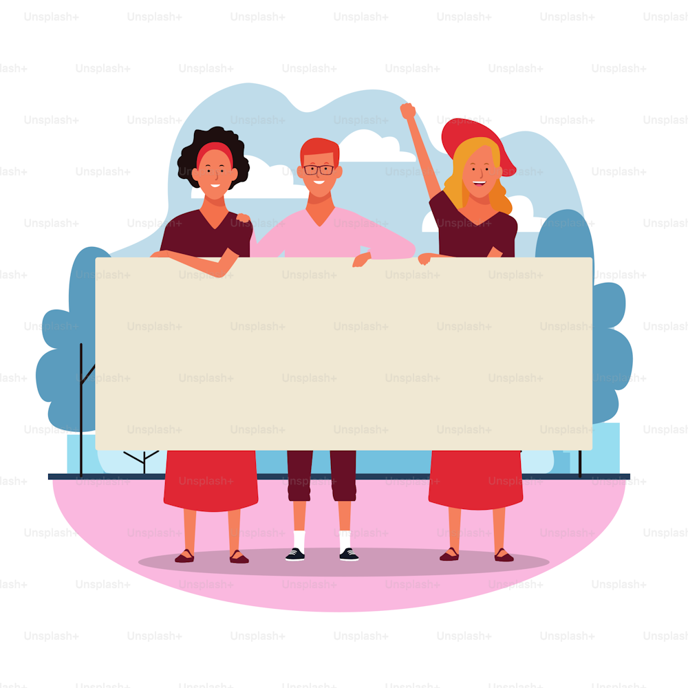 cartoon young women and man protesting with blank posters in the park over white background, colorful design. vector illustration