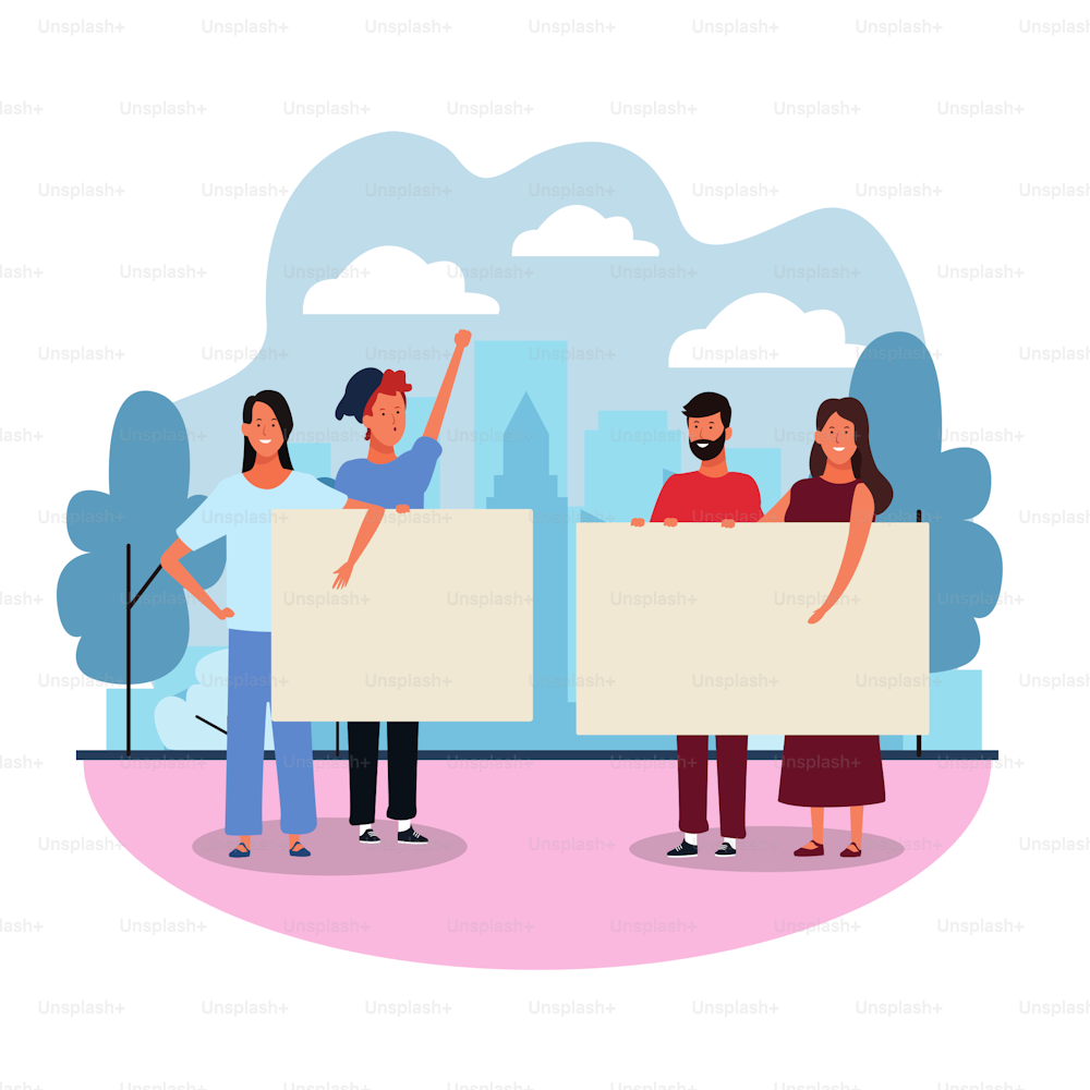 cartoon young people protesting with blank posters in the park over white background, colorful design. vector illustration