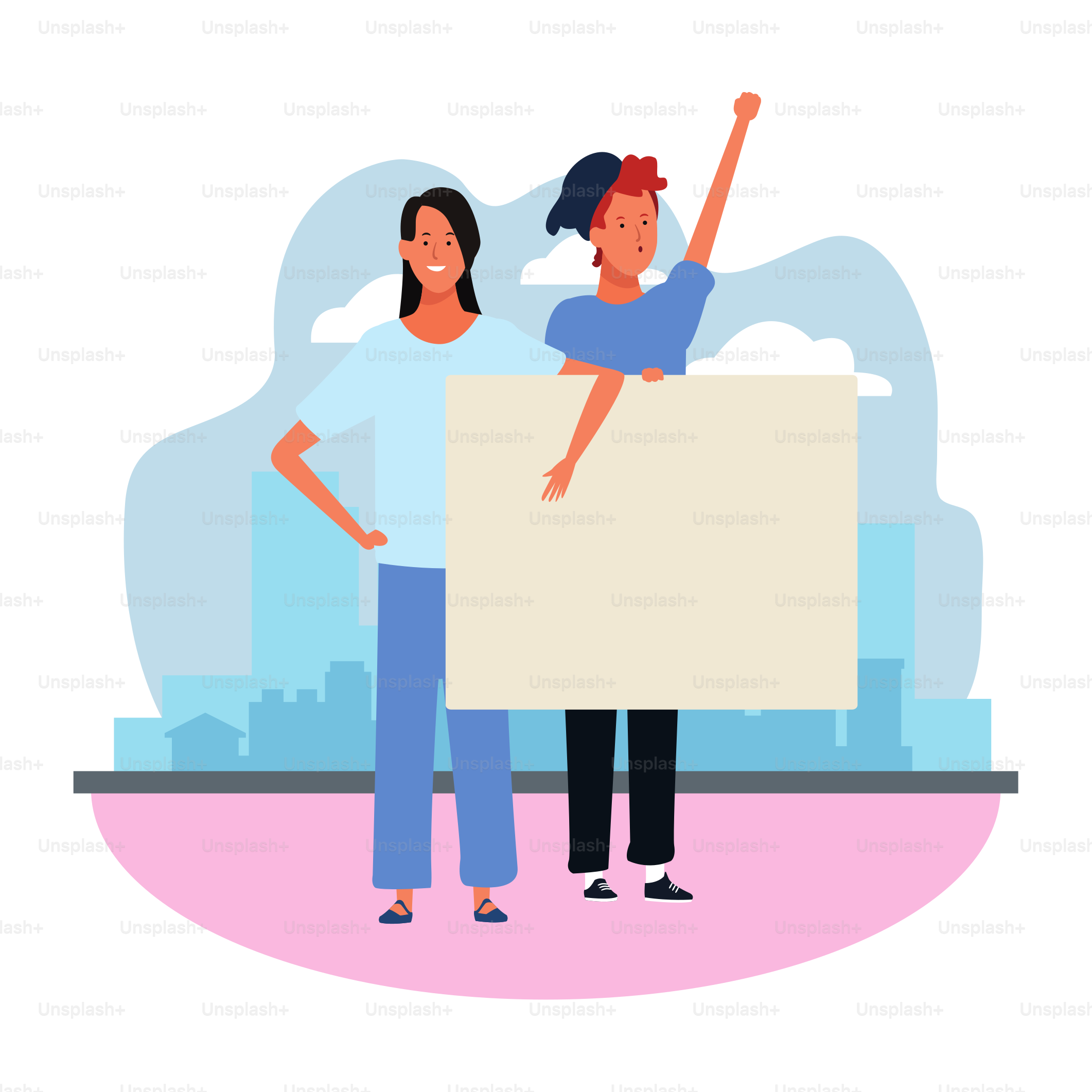 cartoon woman and man protesting with blank placard over urban city scenery and white background, vector illustration