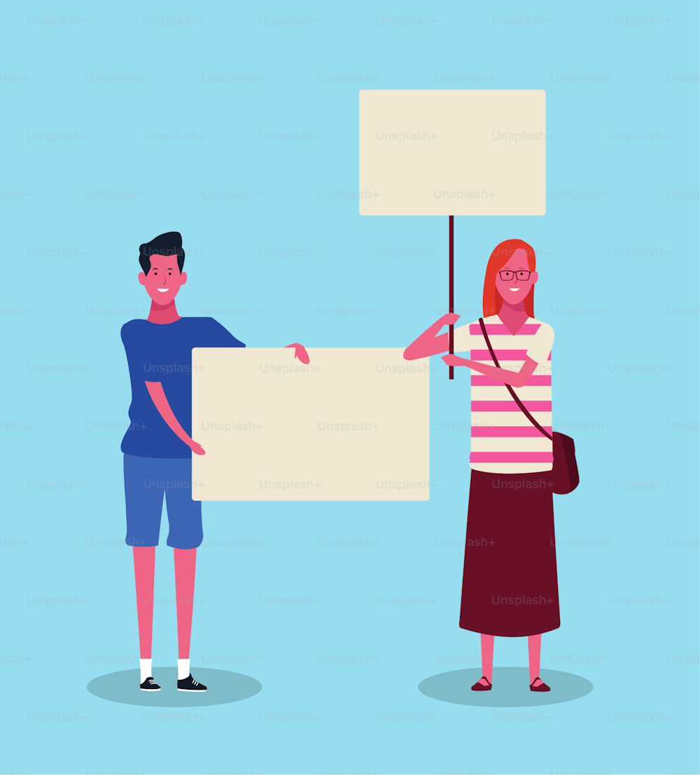 Frau und Mann protestieren mit leeren Plakaten auf blauem Hintergrund, buntes Design. Vektor-Illustration