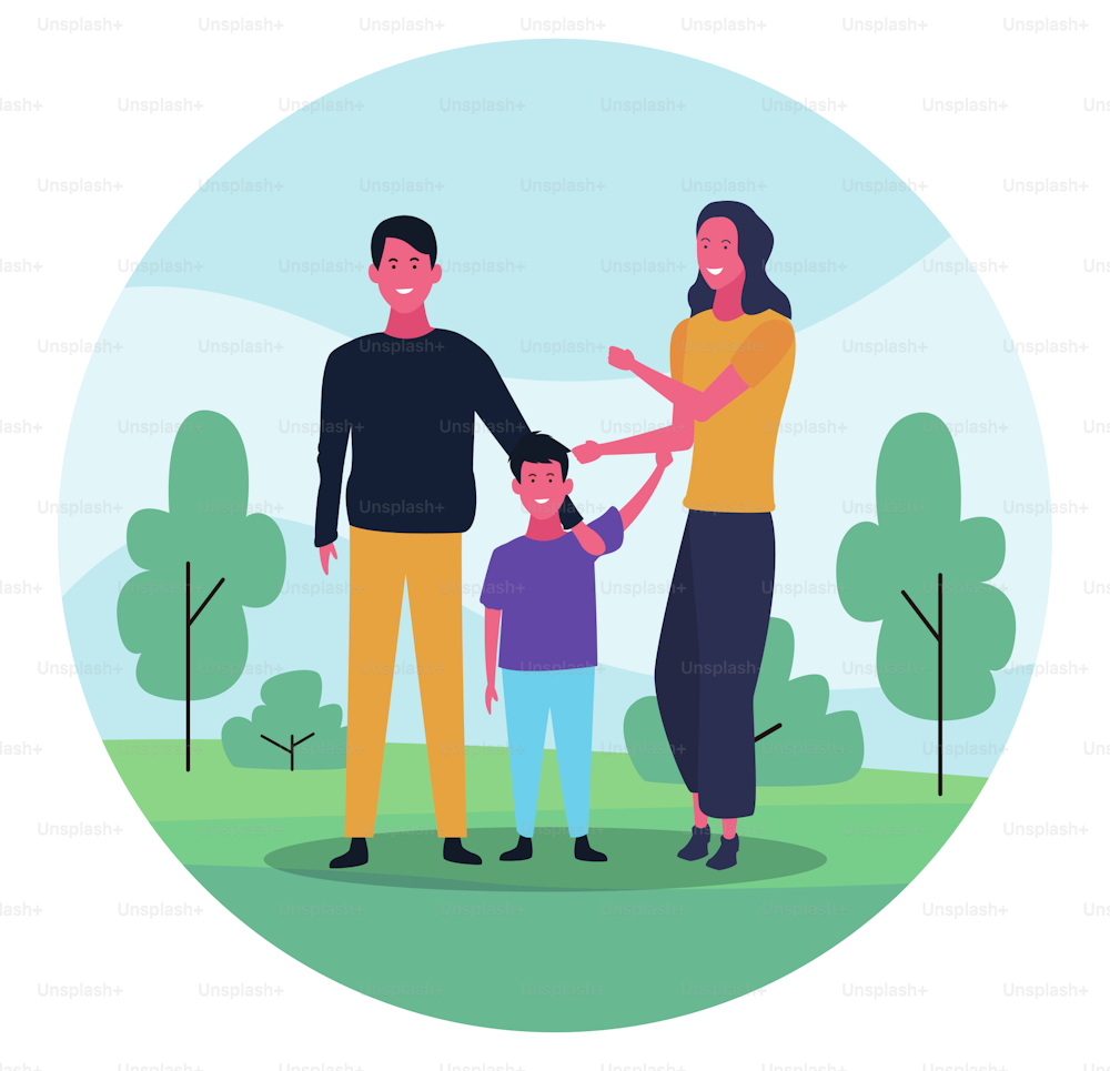 Famiglia felice con figlio nel parco su sfondo bianco, design colorato. illustrazione vettoriale
