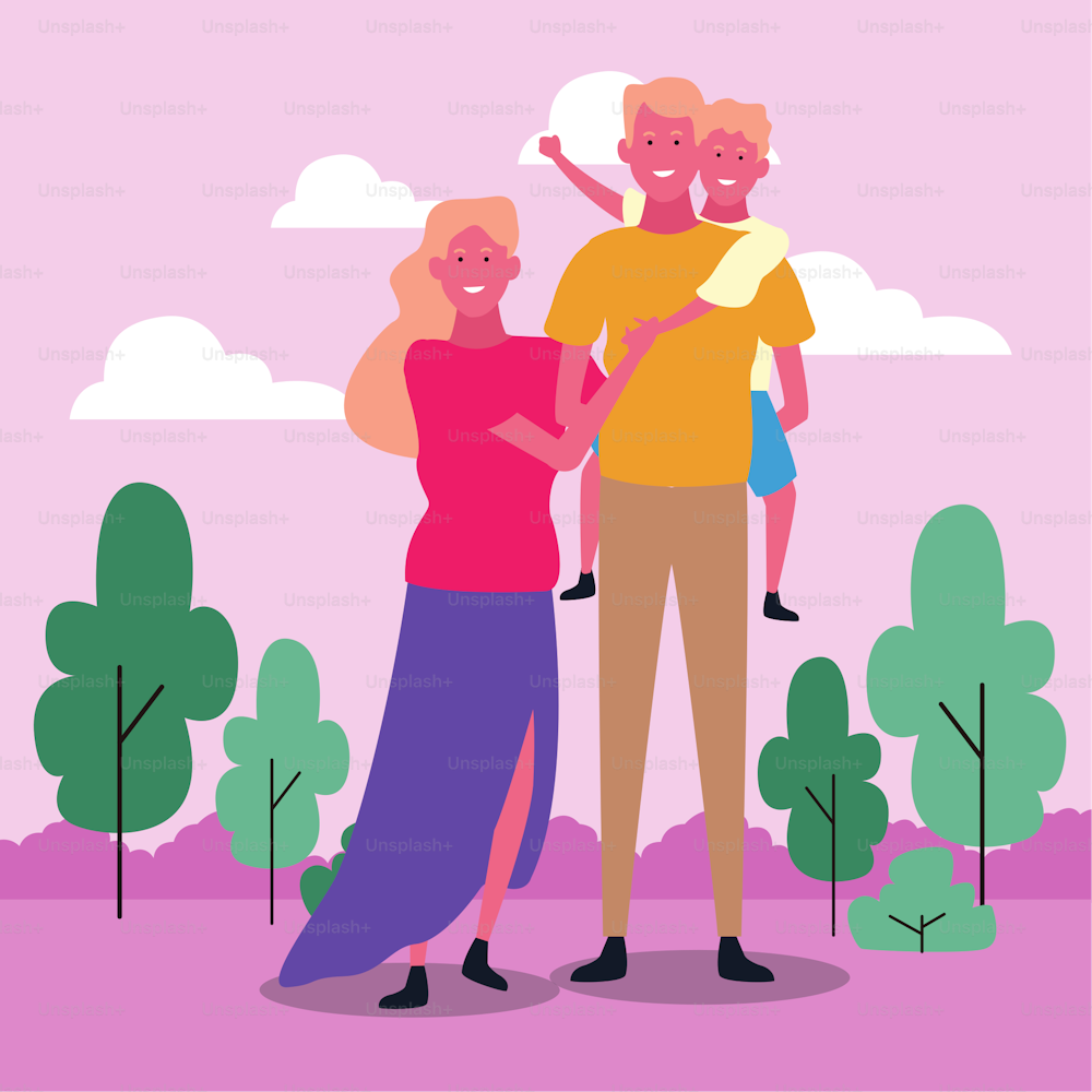 Famiglia felice con figlio nel parco su sfondo rosa, design colorato. illustrazione vettoriale