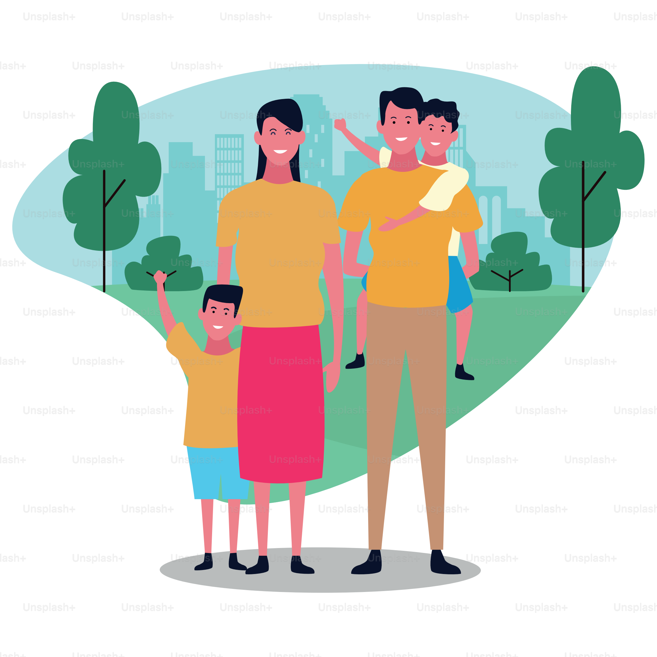 Familia animada y feliz con niños divirtiéndose en el parque sobre fondo blanco, diseño colorido. Ilustración vectorial