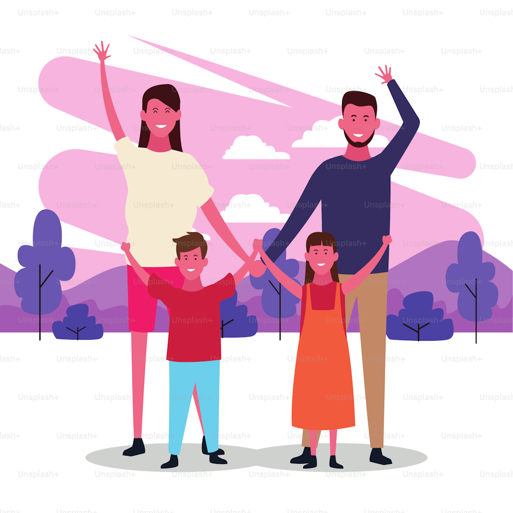cartoon happy family with kids having fun in the park, colorful design. vector illustration