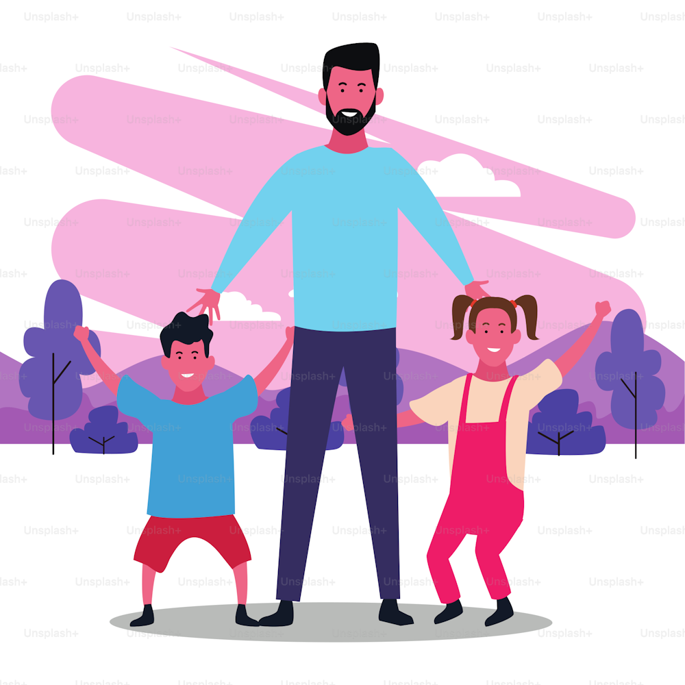 Happy dad with his kids having fun in the park over white background, colorful design. vector illustration