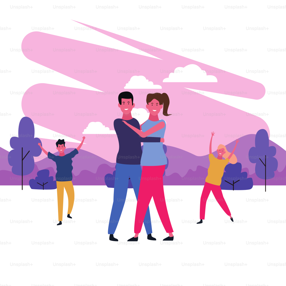 pareja de baile avatar abrazarse con parkscape pincel pintura vectorial ilustración diseño gráfico