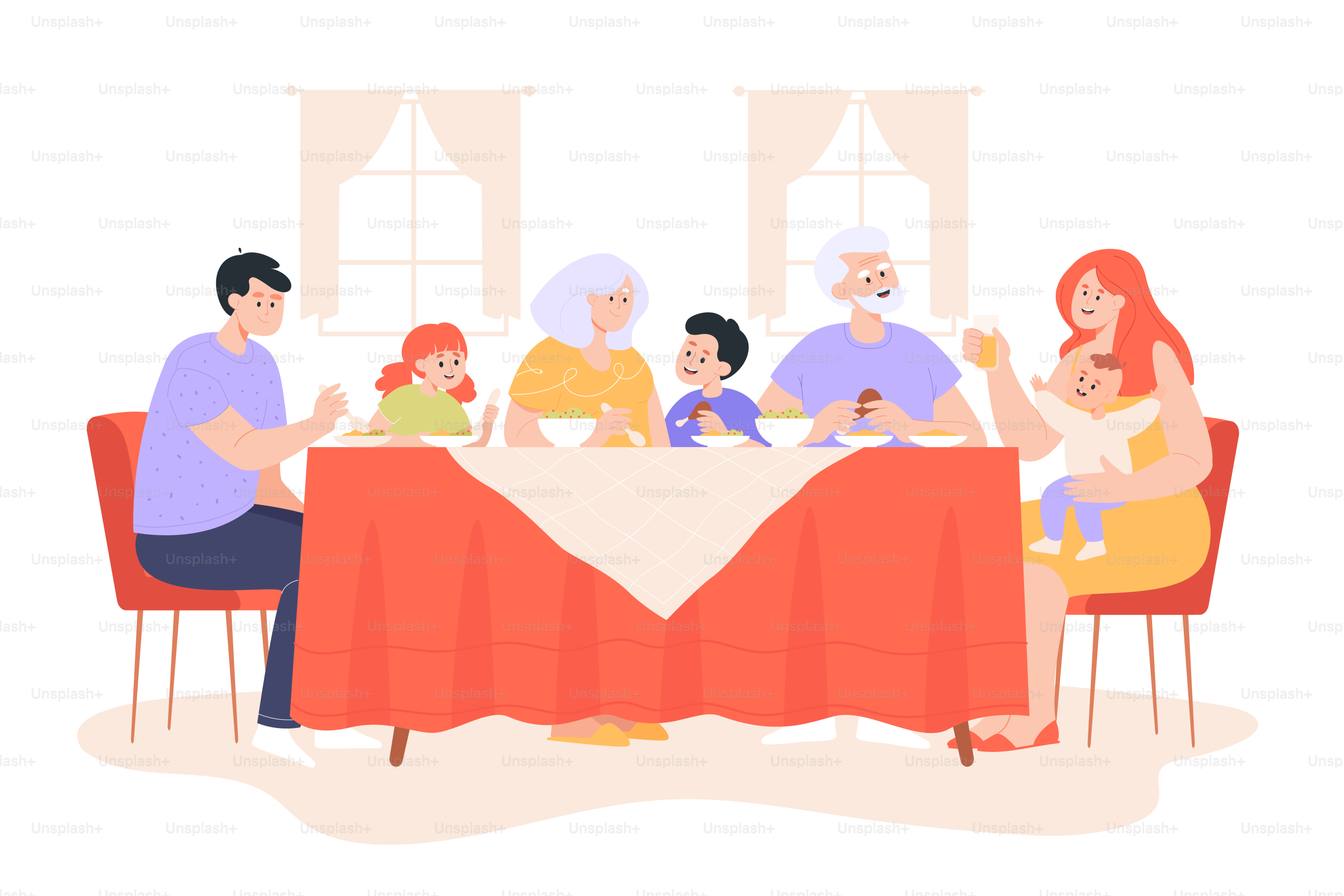 Big family sitting at table and eating flat vector illustration.  Grandparents, parents and kids spending time together, celebrating, talking  and enjoying their meal. Love, care, togetherness concept vector – Food  Image on, image size:3000x2000