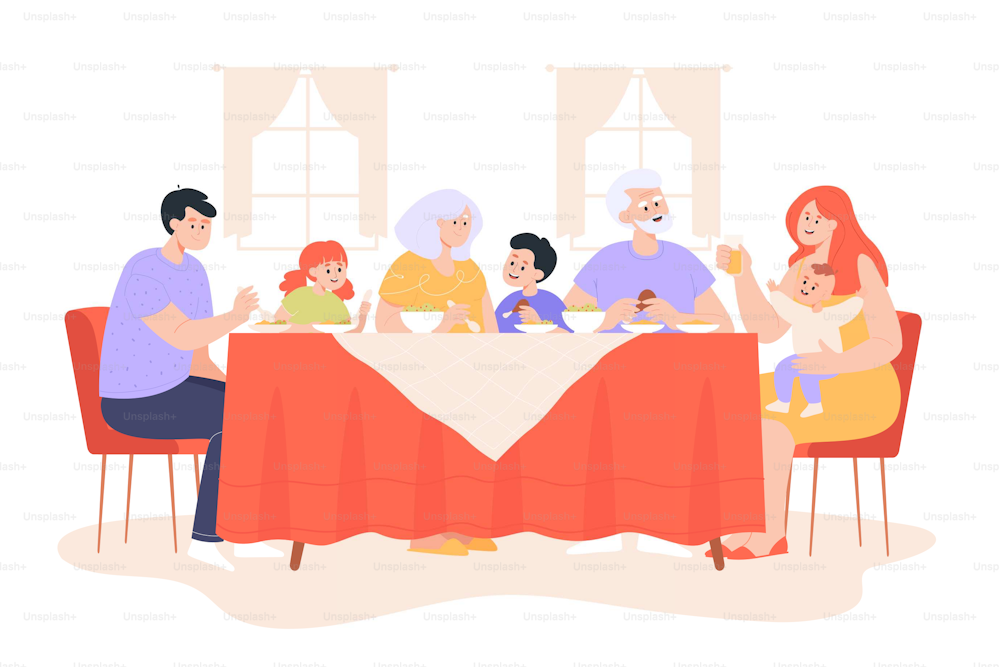 Big family sitting at table and eating flat vector illustration. Grandparents, parents and kids spending time together, celebrating, talking and enjoying their meal. Love, care, togetherness concept