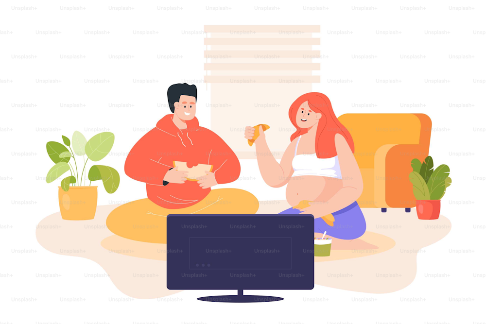 Pregnant wife and her husband sitting and watching TV. Happy couple sitting on floor at home, talking, spending time together flat vector illustration. Family, parenthood, togetherness concept
