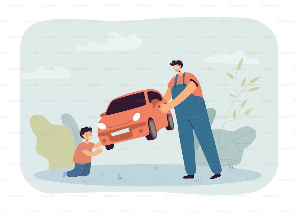 Cartoon father giving big toy car to happy little son. Man giving present to boy sitting on floor flat vector illustration. Parenthood, childhood, birthday, family concept for banner, website design