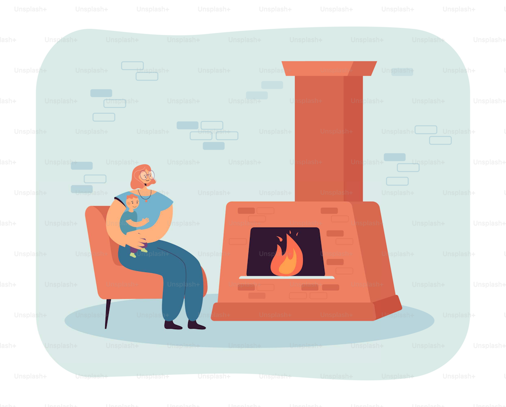 Happy mother sitting in front of chimney with little baby. Woman with child on chair next to fireplace flat vector illustration. Family, motherhood, togetherness, holidays concept for banner