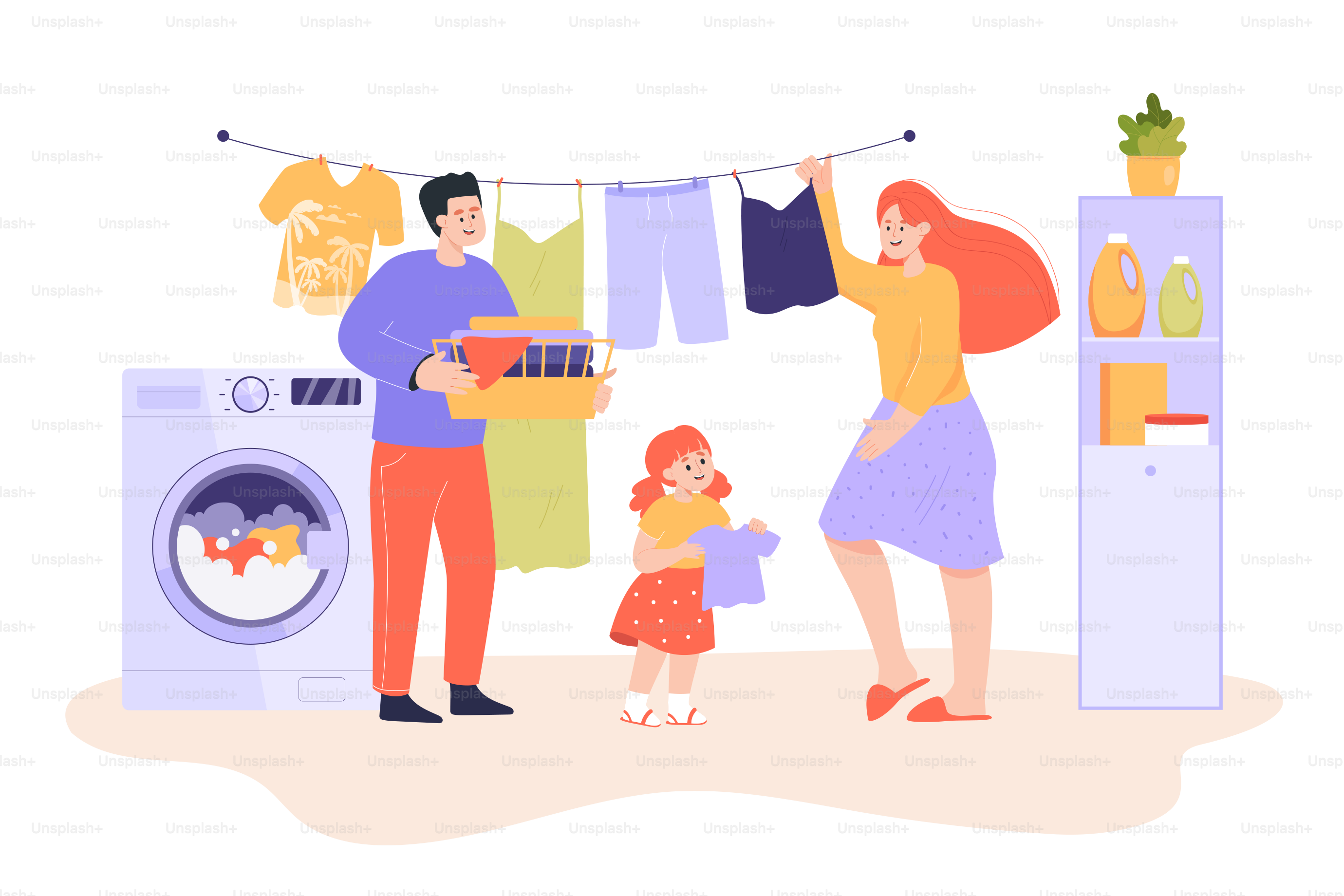 Famille avec enfant qui fait la lessive ensemble, illustration vectorielle plate. Papa, mère et petite fille heureux, passant du temps à laver et à s’entraider. Concept de nettoyage, entretien ménager, hygiène