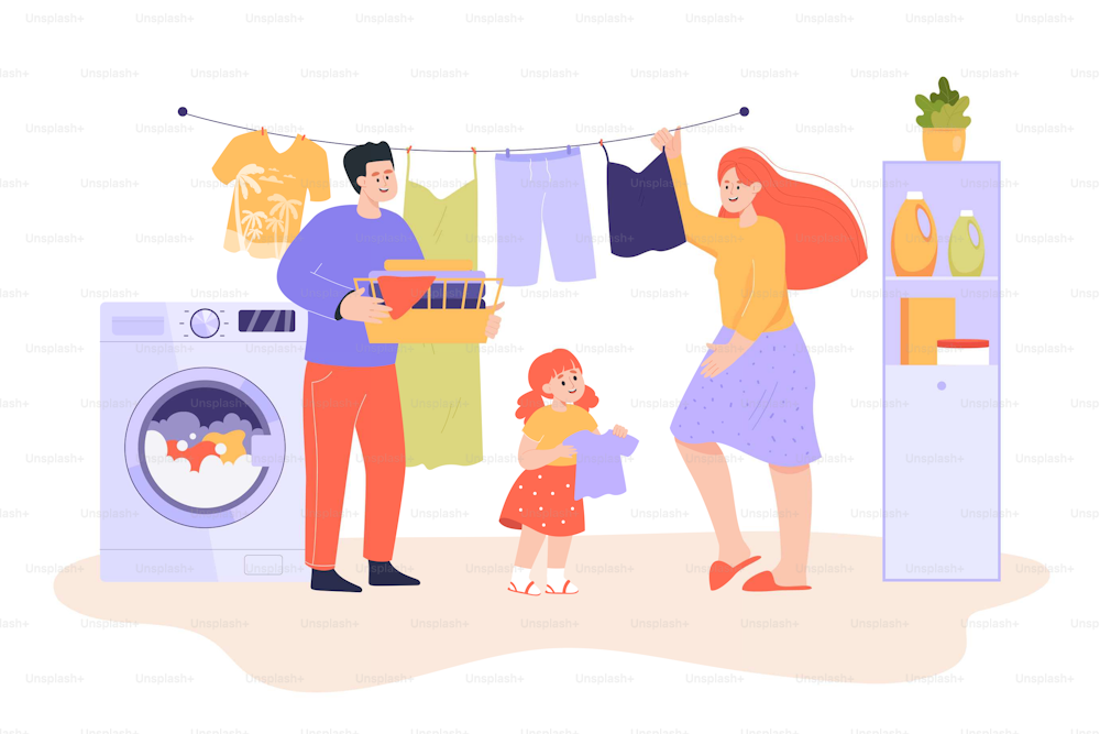 Family with kid doing laundry together flat vector illustration. Happy father, mother and little daughter hanging out washing, helping each other. Cleaning, housekeeping, hygiene concept