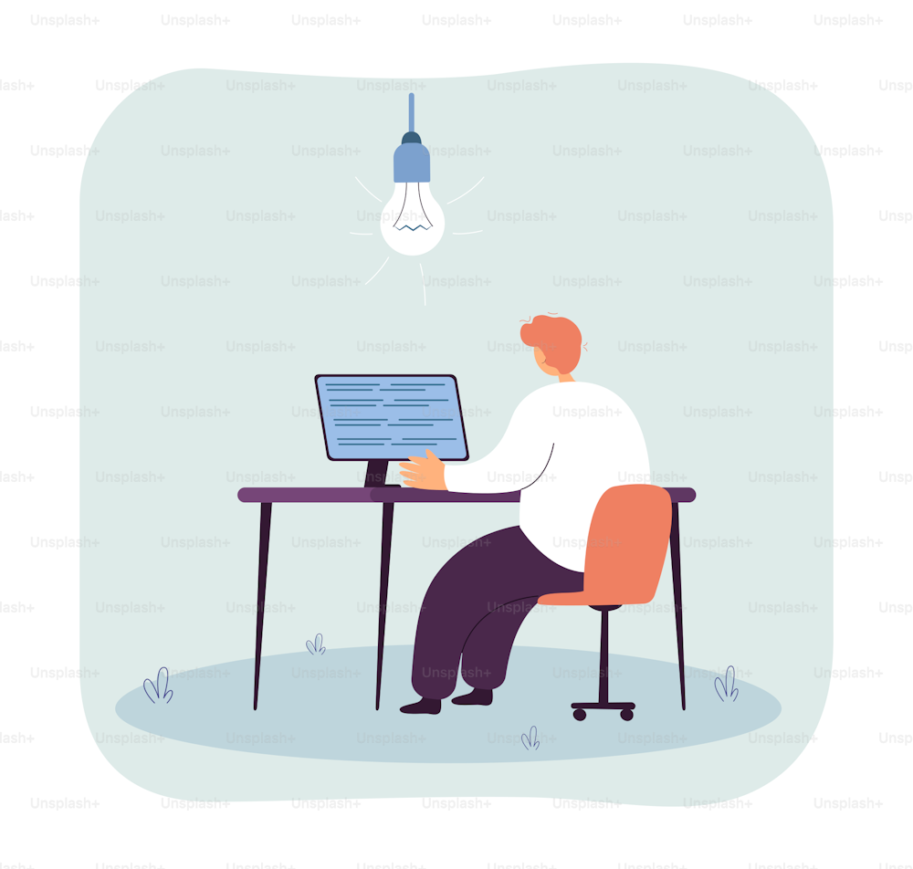 Back view of man studying or working at computer table. Lightbulb above busy person flat vector illustration. Productivity, creativity, career, education concept for banner or landing web page