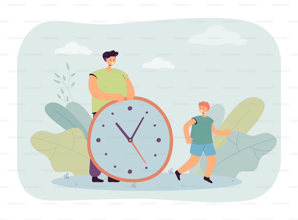 Father holding big clock and happy son running. Man waking up child for morning jog or workout flat vector illustration. Time management, childhood, daily routine concept for banner or landing page