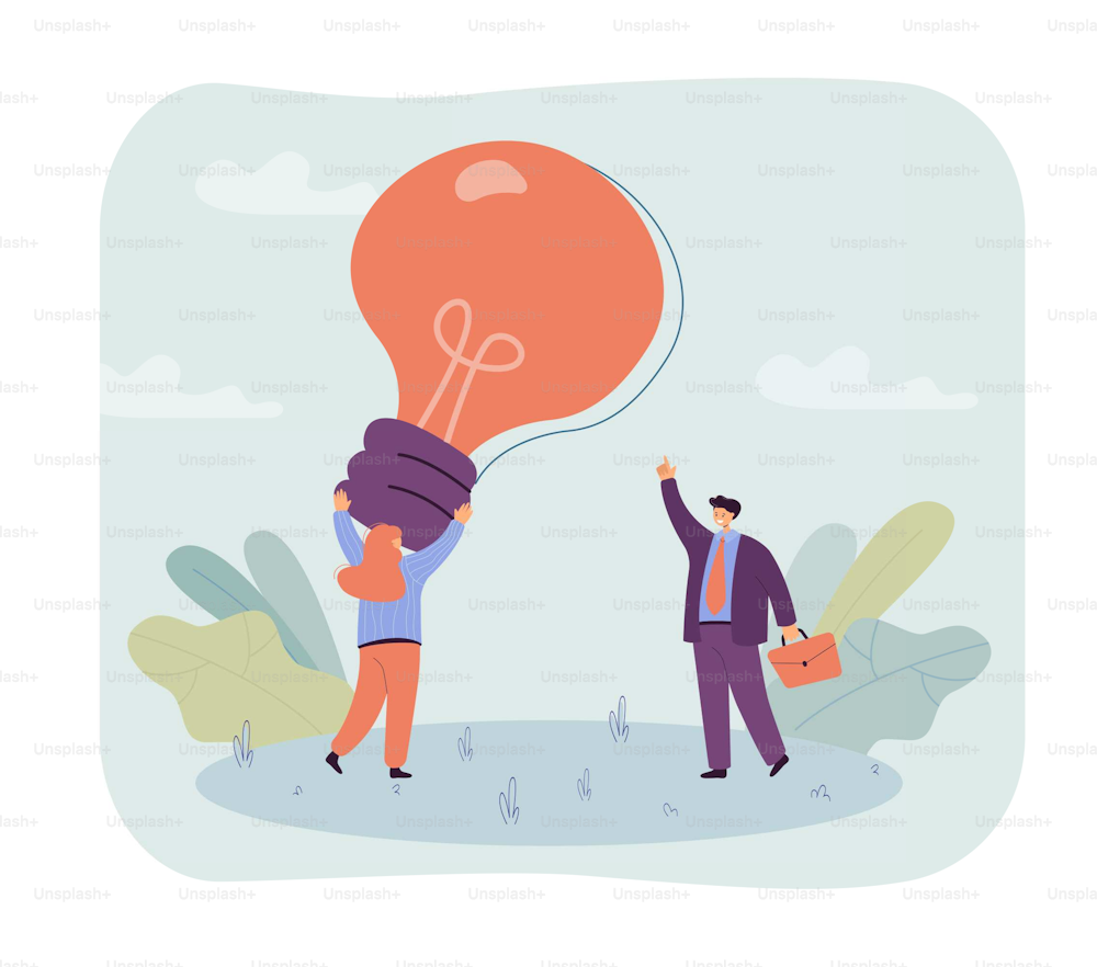 Businessman and female colleague holding huge lightbulb. Office workers with new idea or innovation flat vector illustration. Teamwork, start-up, strategy concept for banner or landing web page