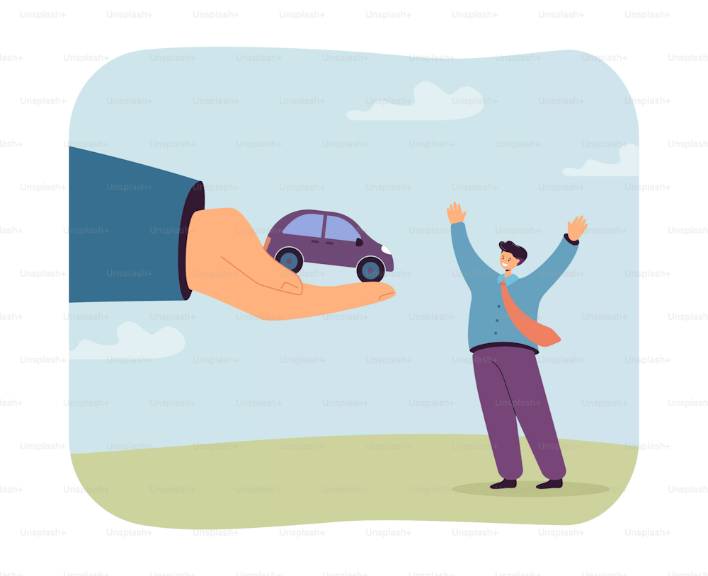 Huge hand offering car to happy tiny businessman. Cheerful office worker buying or renting car flat vector illustration. Transportation, car insurance or rental concept for banner or landing web page