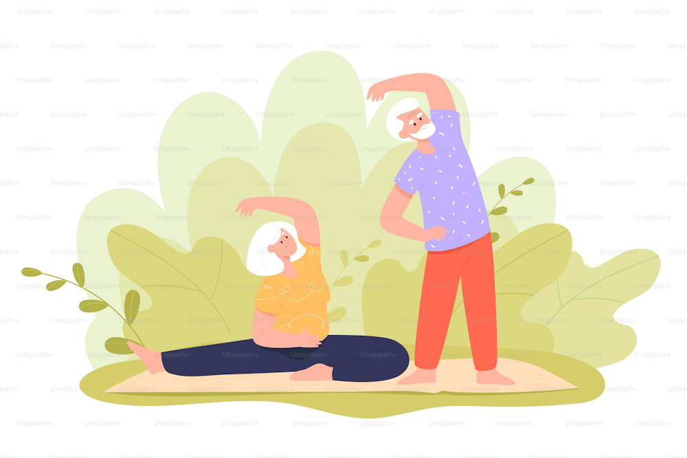 Happy old couple doing yoga outdoor flat vector illustration. Woman in sports uniform sitting on exercise mat and stretching legs, man standing and bending over. Gymnastics, sport, retirement concept