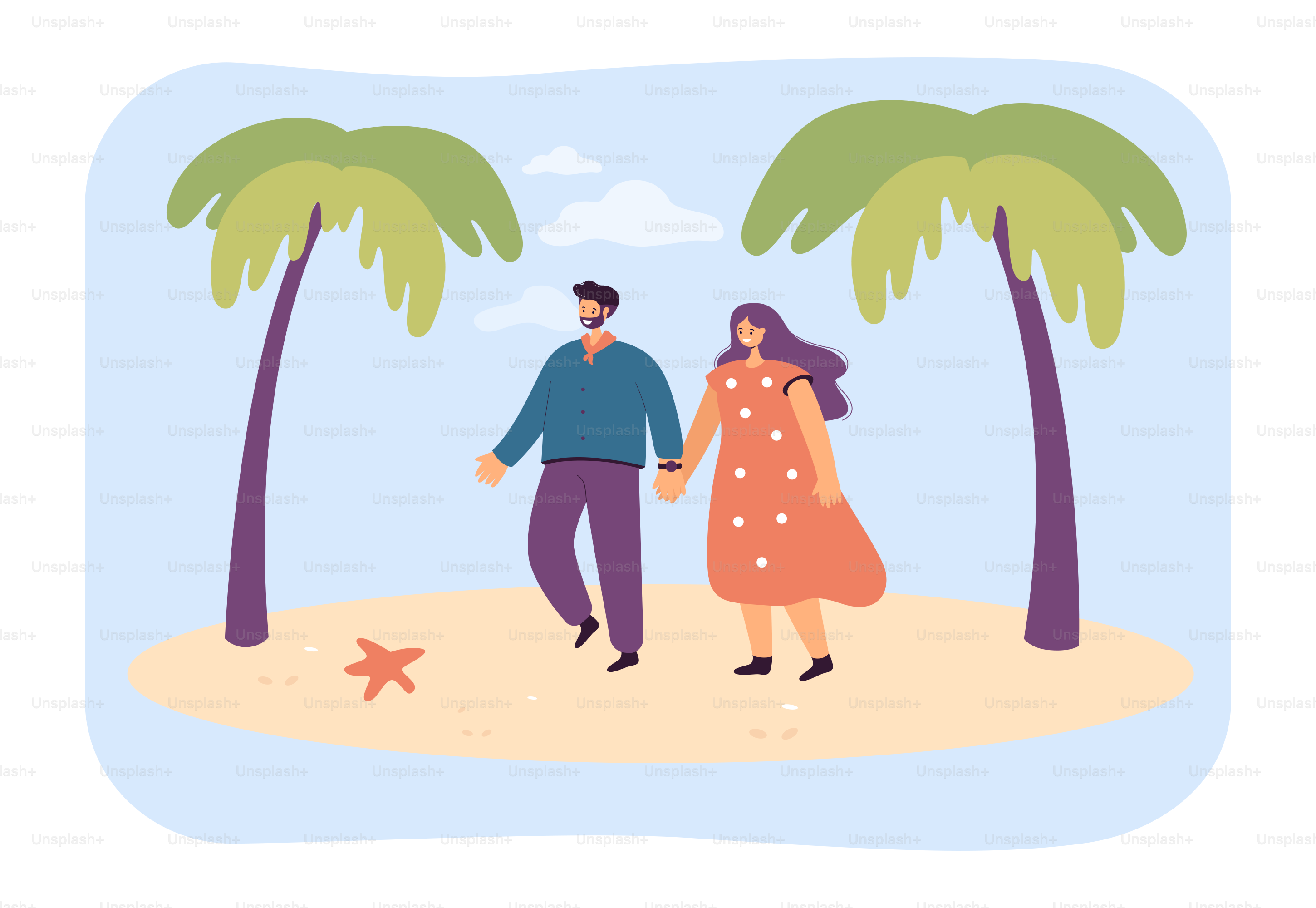 Pareja caminando por la playa con ilustración vectorial de planicie. Hombre y mujer cogidos de la mano, pasando las vacaciones de verano juntos. Amor, resort marítimo, concepto de romance para banner, diseño web o página web