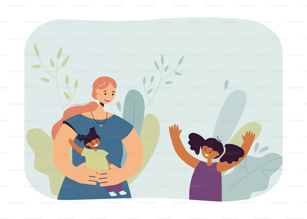 Madre feliz con ilustración vectorial plana hija. Mujer sosteniendo al bebé en sus brazos, pasando tiempo con los niños. Maternidad, familia, alegría, concepto de amor por banner, diseño de sitios web o página web de destino