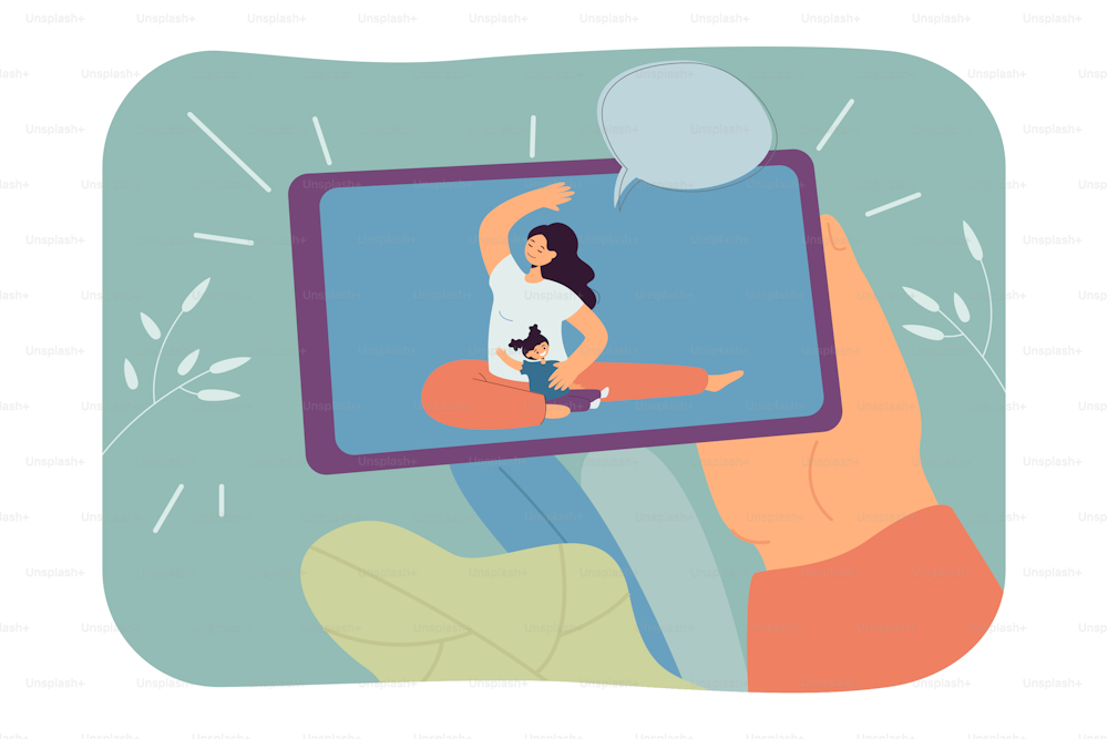 Mom and kid doing yoga on phone screen flat vector illustration. Mother exercising with little daughter. Family, sport, fitness concept for banner, website design or landing web page