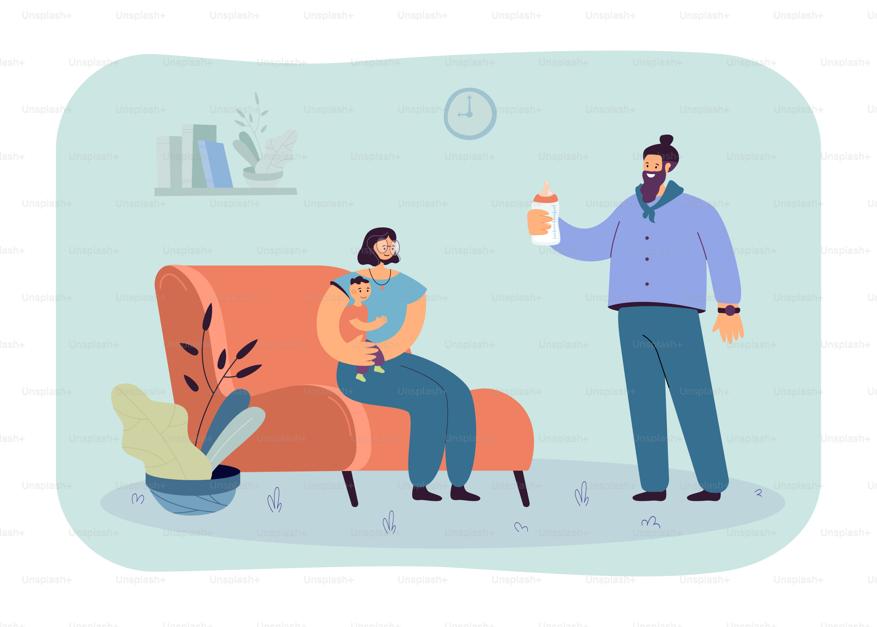 Dad giving baby bottle with milk to his son and wife. Father and mother taking care of child at home flat vector illustration. Love fatherhood concept for banner, website design or landing web page