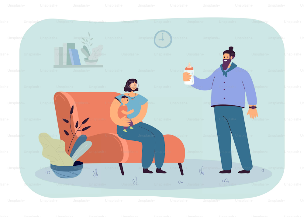 Dad giving baby bottle with milk to his son and wife. Father and mother taking care of child at home flat vector illustration. Love fatherhood concept for banner, website design or landing web page