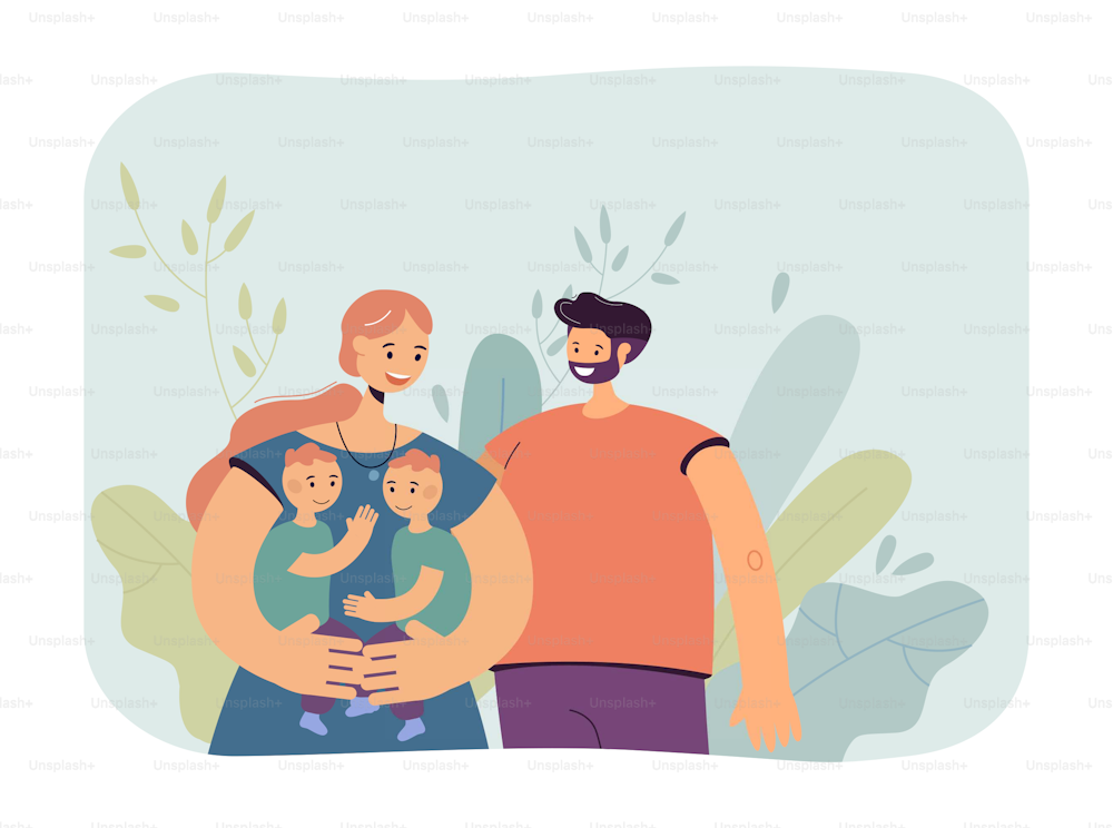 Happy mother, father and sons flat vector illustration. Portrait of smiling parents with kids. Family, love, tenderness concept for banner, website design or landing web page