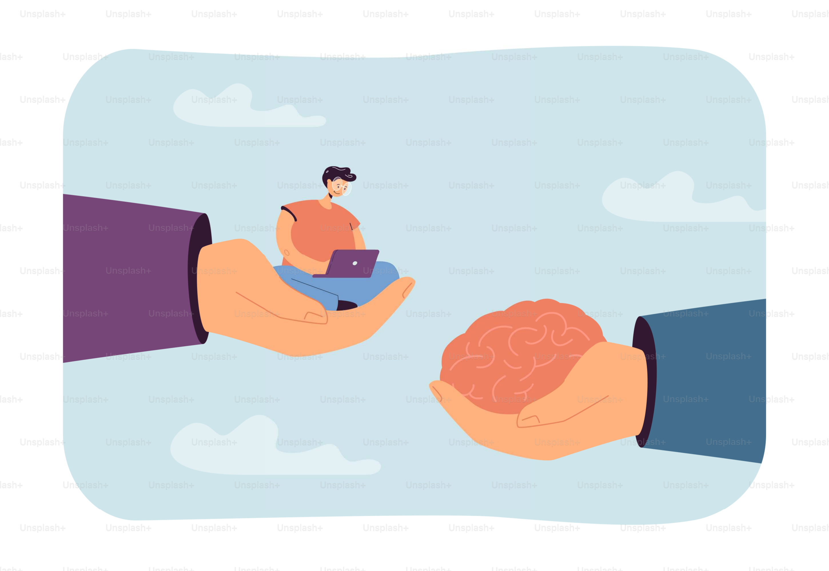 Les mains des employeurs tenant un minuscule employé et un cerveau humain. Femme travaillant sur un ordinateur portable, assise dans une illustration vectorielle paume plate. Développement, concept de carrière pour la bannière, la conception du site web ou la page d’atterrissage