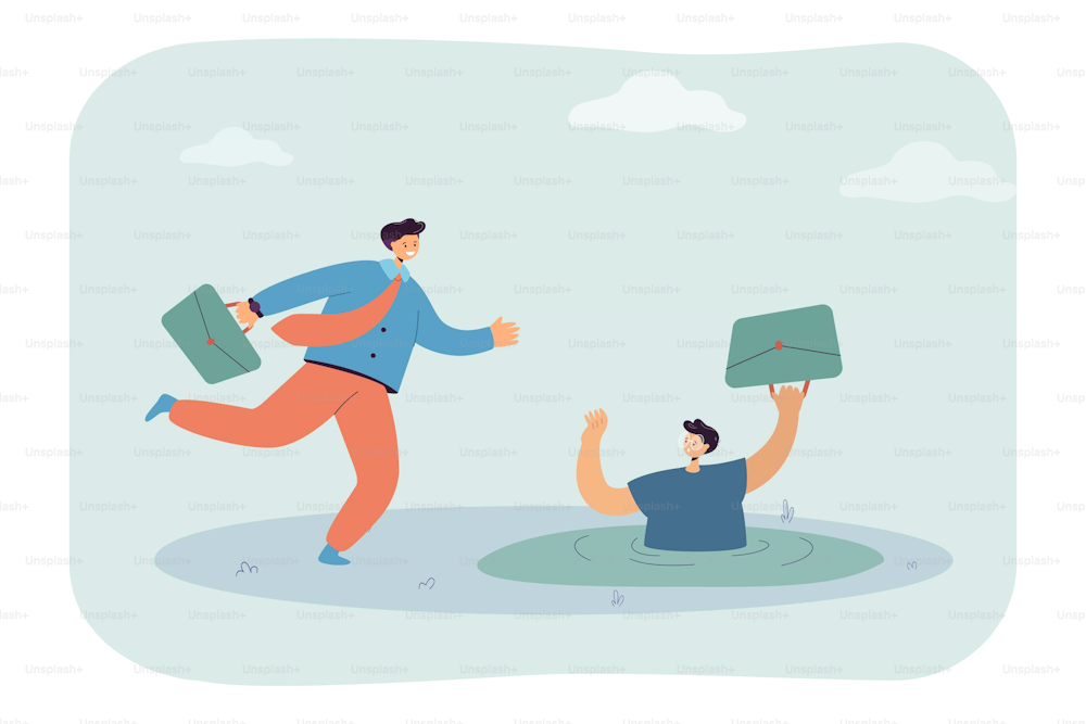 Businessman running past drowning colleague. Business person with financial crisis asking for help flat vector illustration. Rivalry, bankruptcy, competition concept for banner or landing web page
