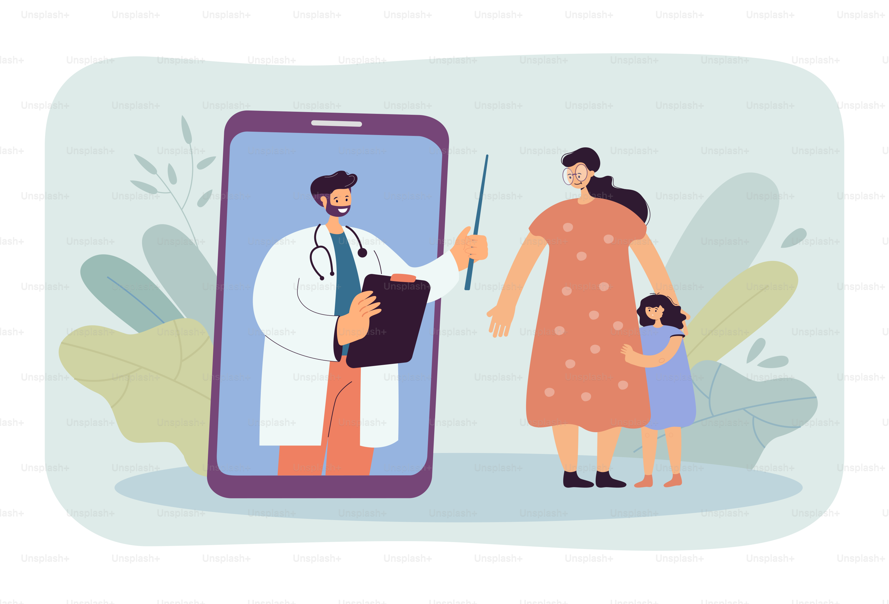 Online-Arzt auf großem Telefonbildschirm konsultiert Mutter und Tochter. Termin oder medizinische Untersuchung über mobile App Flachvektorillustration. Technologie-, Medizin- und Gesundheitskonzept für Banner
