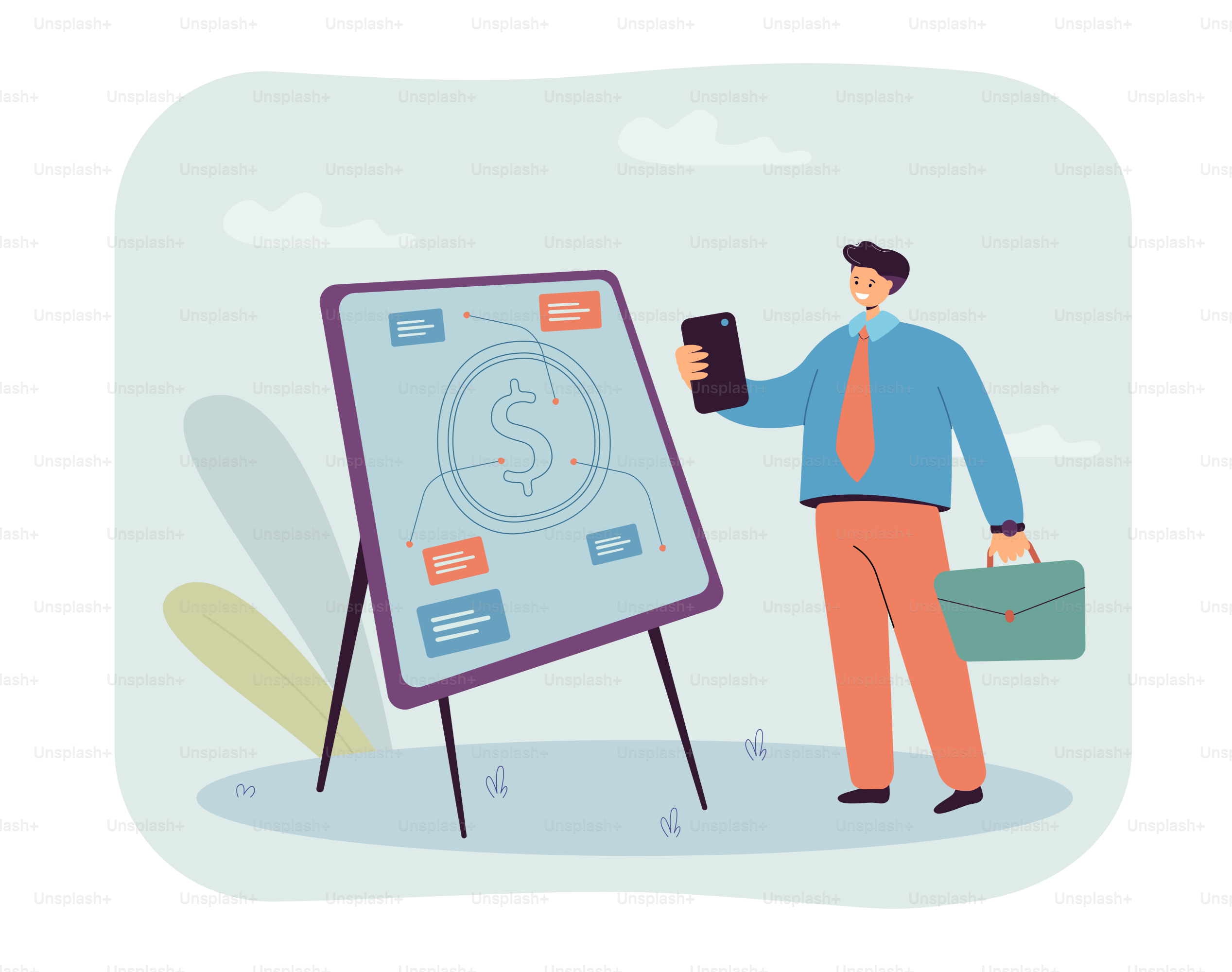 Homme d’affaires debout à côté d’un plan d’affaires ou d’un budget. Employé de bureau ou employé avec une illustration vectorielle plate sur smartphone. Concept d’entreprise et de finances pour la bannière, la conception du site web ou la page d’atterrissage