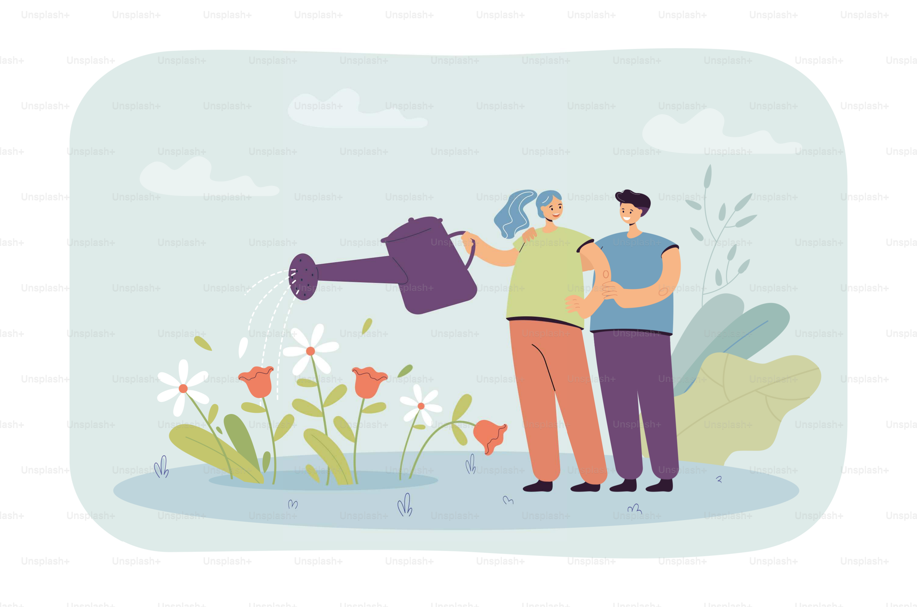 Casal fofo abraçando e regando flores. Esposa pequena e feliz segurando um regador enorme com ilustração vetorial plana. Primavera, amor, jardinagem, conceito de natureza para banner, design de site ou página de destino