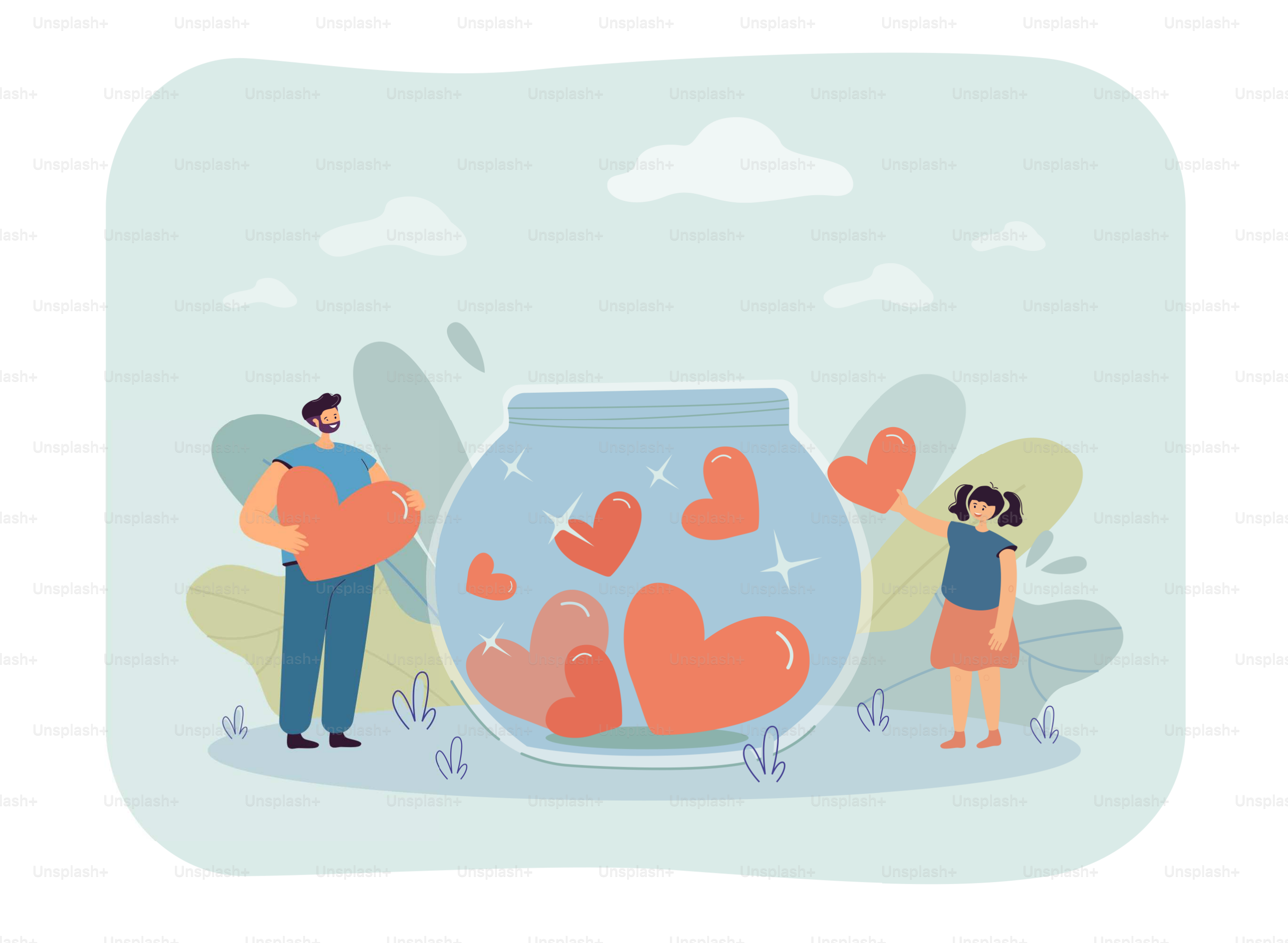 Kleiner Vater und Tochter, die große Herzen in ein Glasgefäß legen. Cartoon-Mann und -Mädchen, die Herzen als Symbol der Spende halten, flache Vektorillustration. Wohltätigkeitskonzept für Banner oder Landingpage