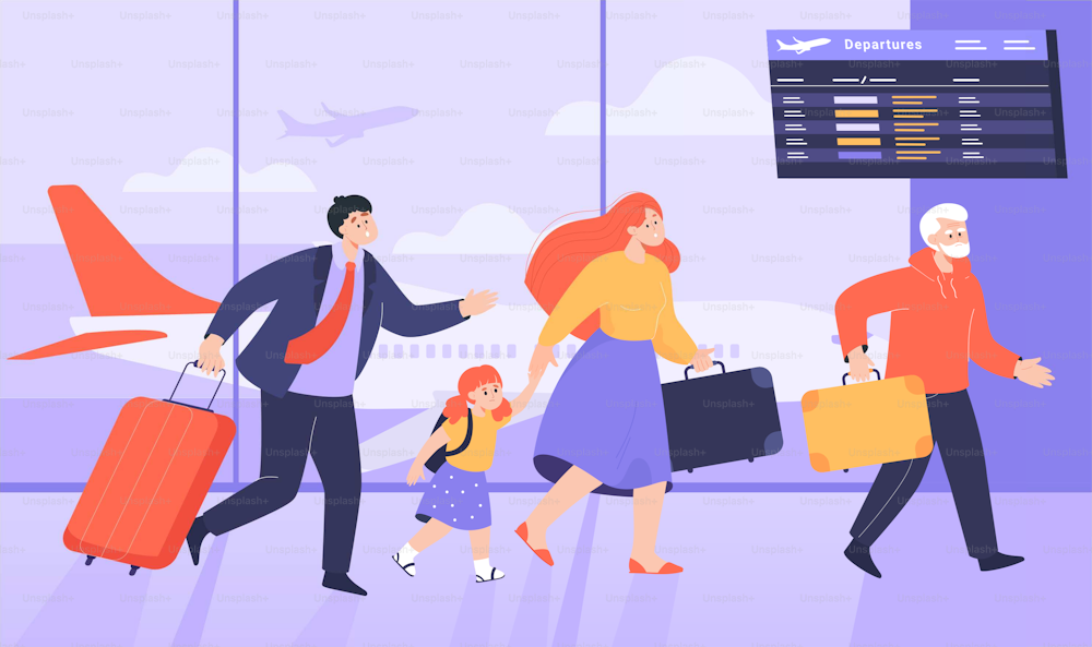 People rushing to take plane flat vector illustration. Mother with daughter, businessman, elderly man being late for airplane. Passenger carrying luggage and hurrying up for flight. Transport concept