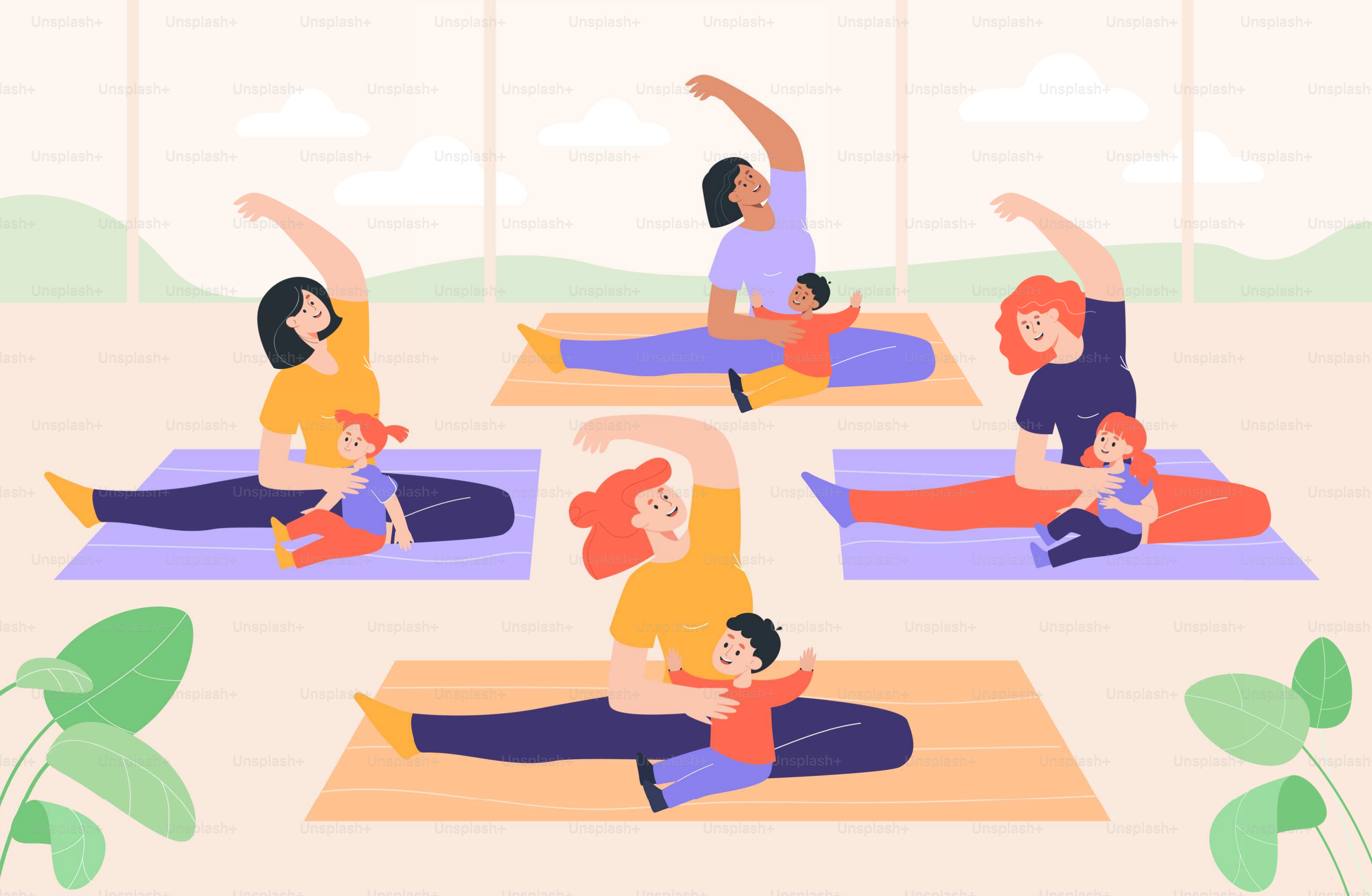 Mütter machen Yoga mit dem Baby in Studio Flat Vector Illustration. Mütter sitzen auf dem Boden, strecken die Beine mit den Kindern, machen gemeinsam Übungen. Gesunder Lebensstil, Familiensport, Fitness, Fitness-Konzept