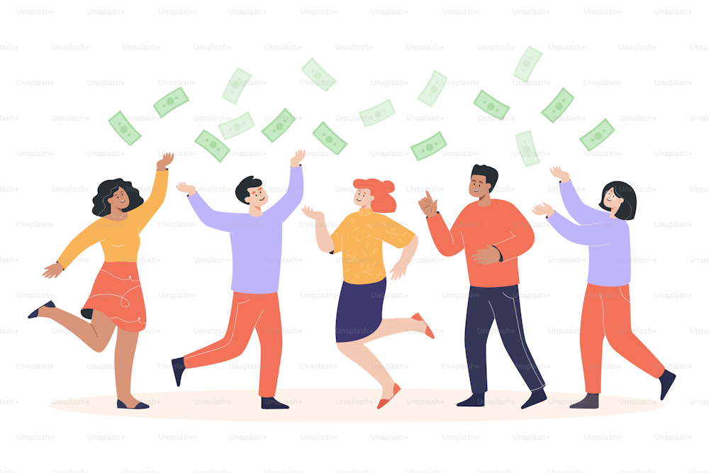 Happy people under money rain flat vector illustration. Cheerful men and women jumping, celebrating financial success and achieving goal together. Finance, team, economy concept